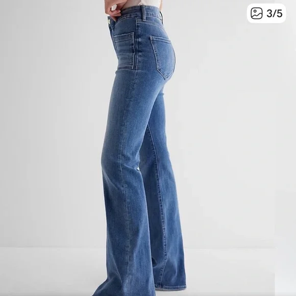 Express Mid Rise FlexX 70’s Flare Denim Jeans in Classic Blue - Picture 4 of 11